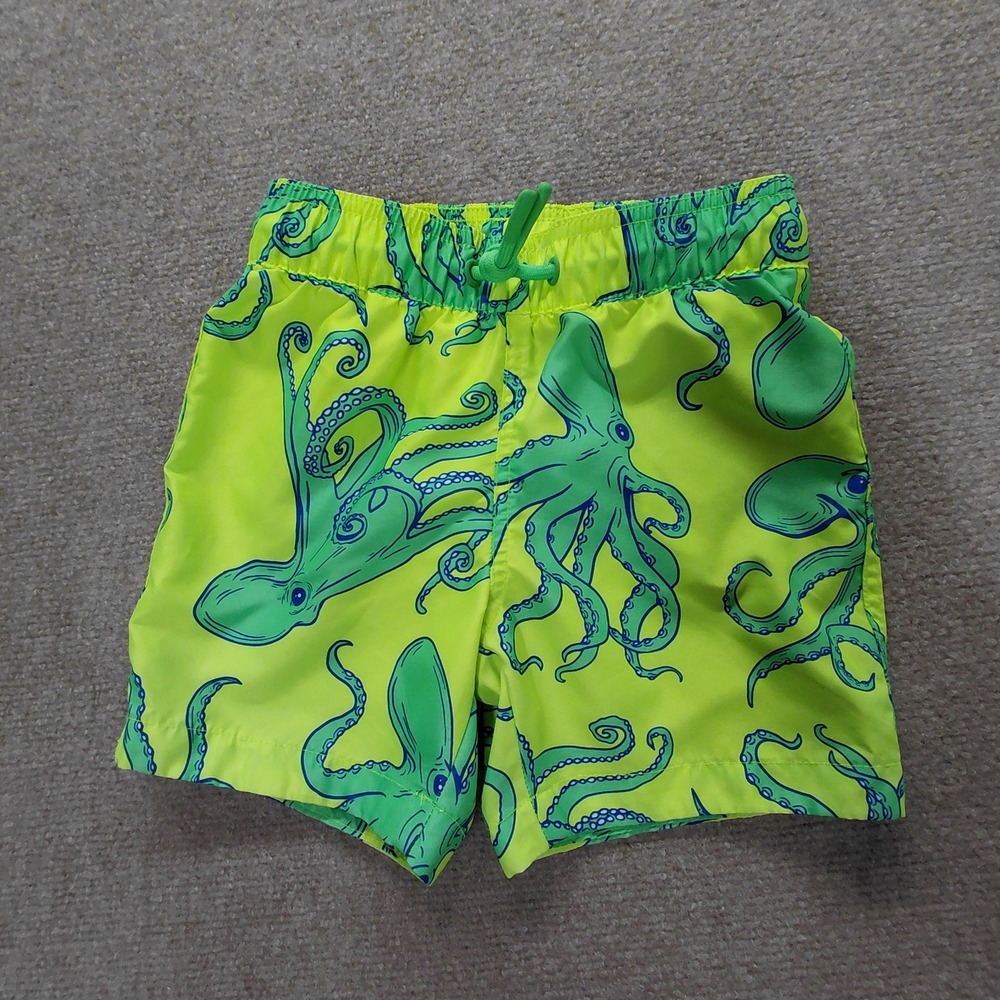 Sol Borne Boys Swim Trunks Neon Yellow Octopus Size XS (5) Elastic Tie Waist